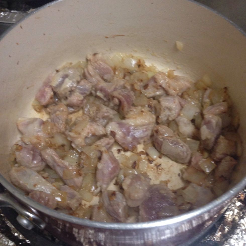 Add meat. You can use chicken or beef, but personally, I prefer lamb. Because the flavor of lamb is much better. Anyway, brown out the meat and move on to next step.