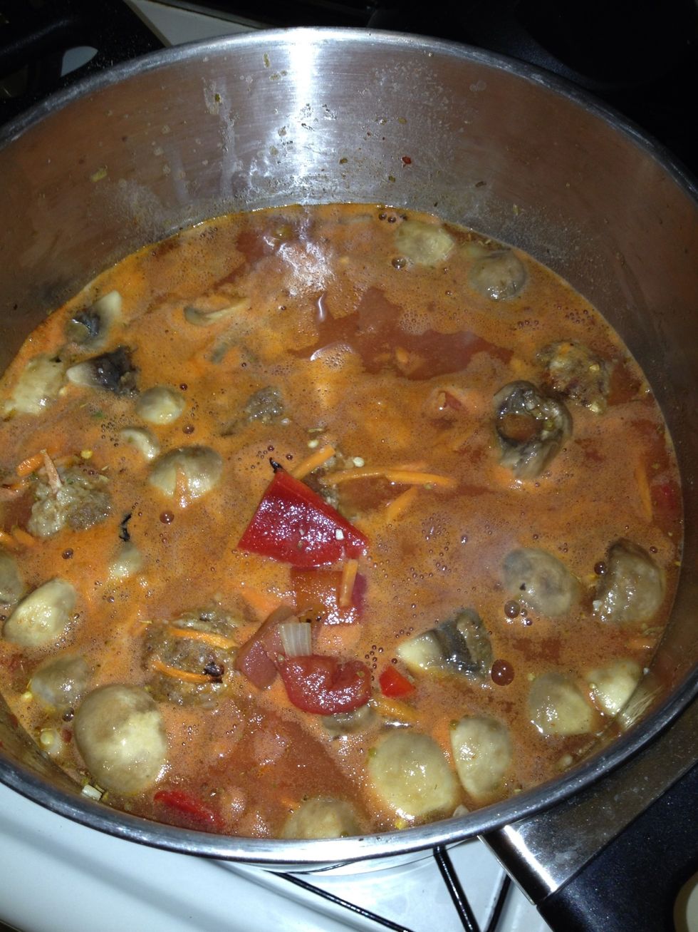 Add meatballs and noodles let simmer for 20 min