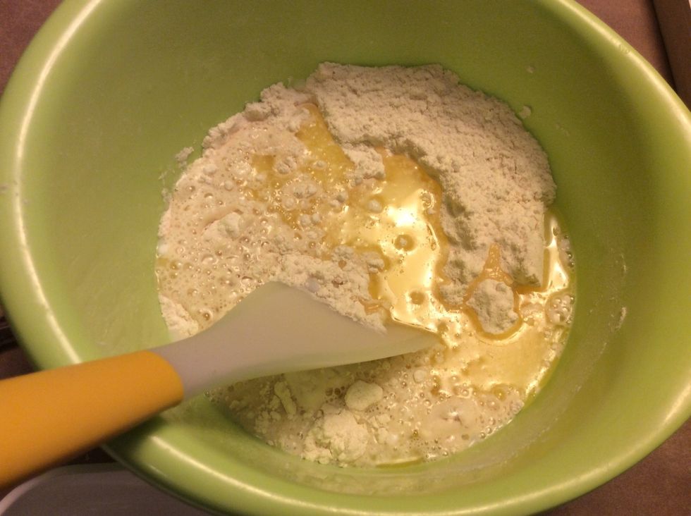 Add melted butter and milk to dry ingredients.