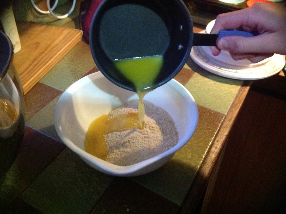 Add melted butter to biscuits. (Unfortunately, the original recipe did not have enough butter so we used equal butter:biscuit ratio to make sure the biscuit mix was easier to set.)