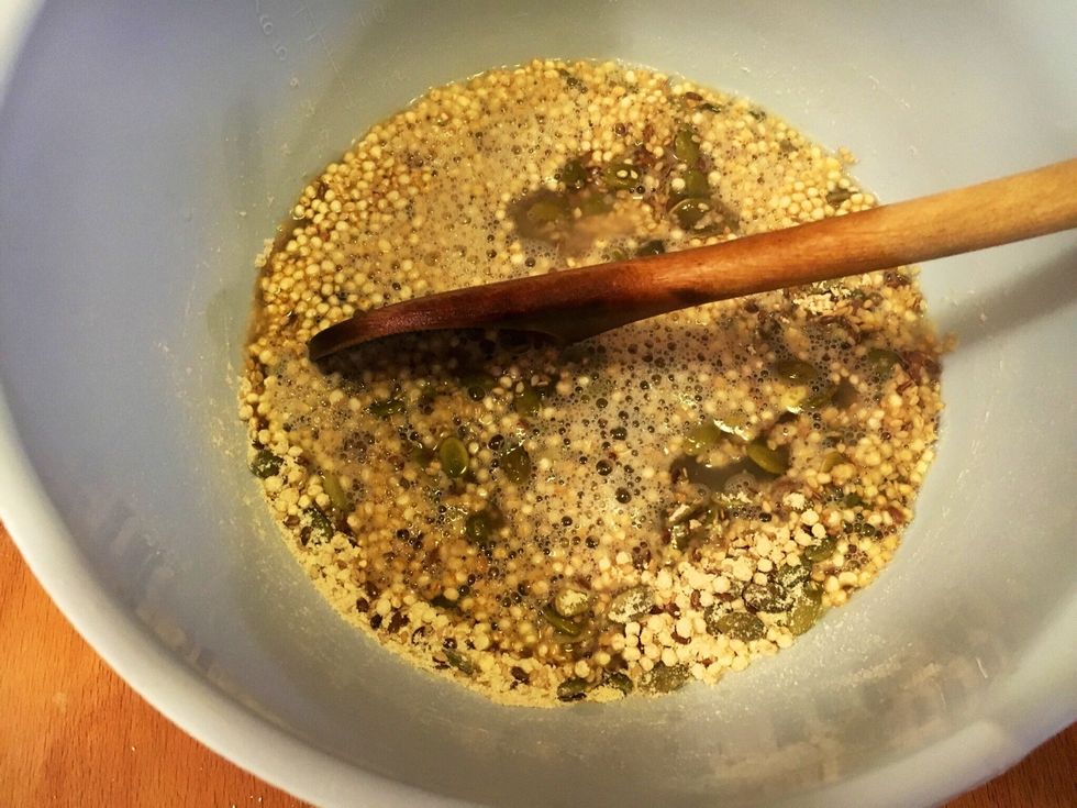 Add melted coconut oil & water.