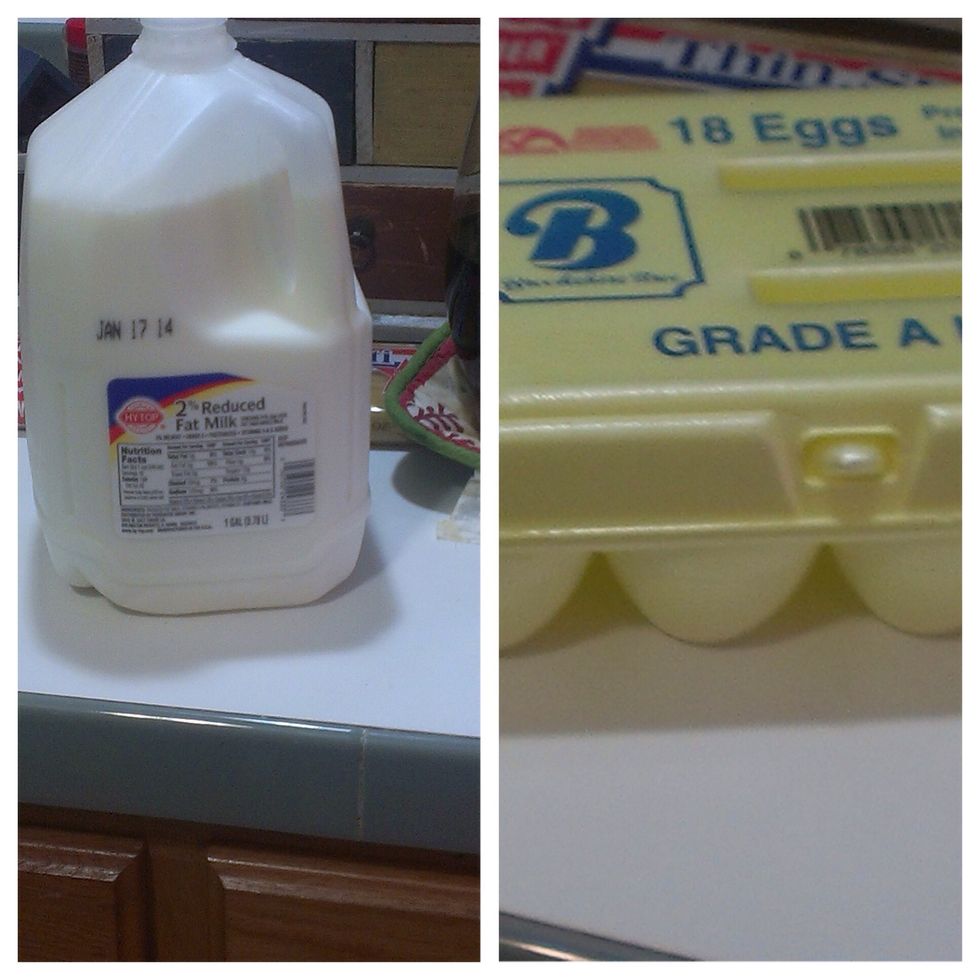 Add milk and 2 eggs stir throughly