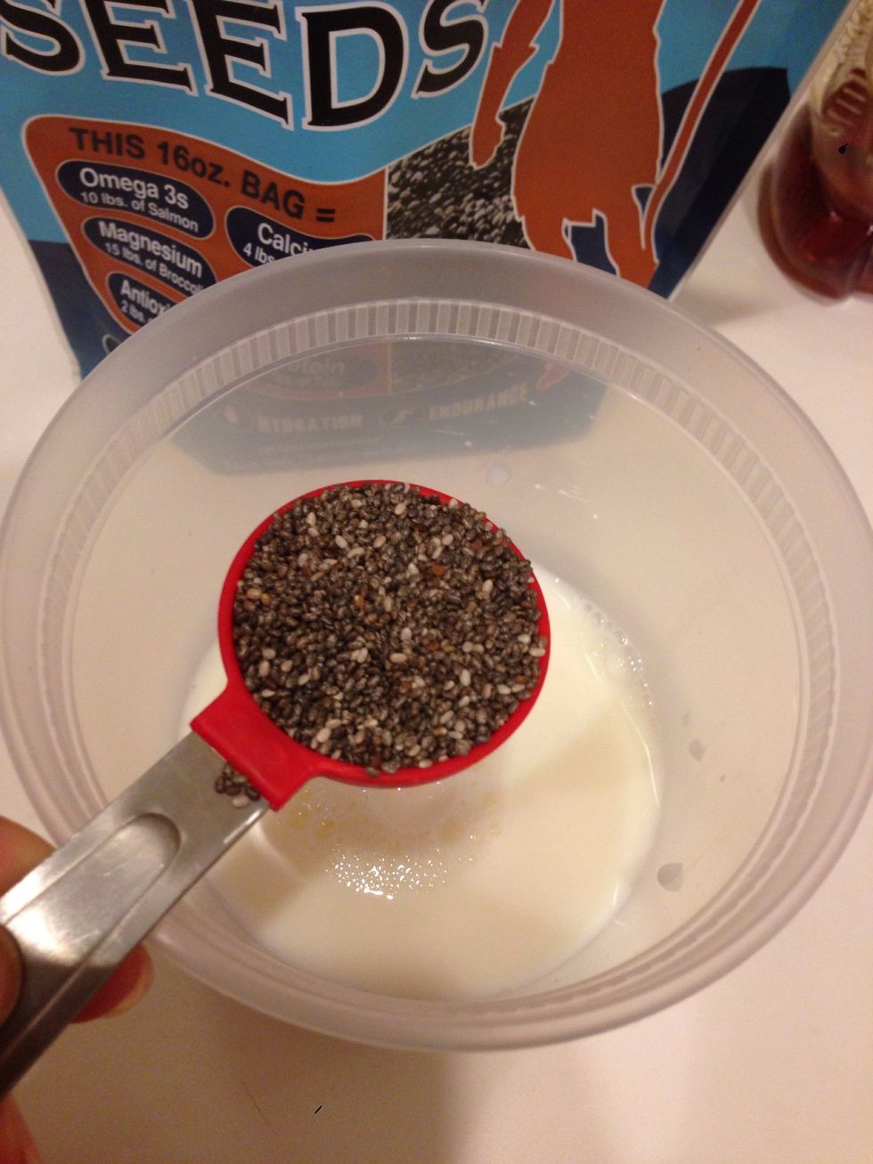 Add milk and 2 to 3 tbs (for the consistency you like) of chia seeds to a Tupperware container or mason jar. Btw, I prefer 3 tbs of chia because I like the thicker consistency.