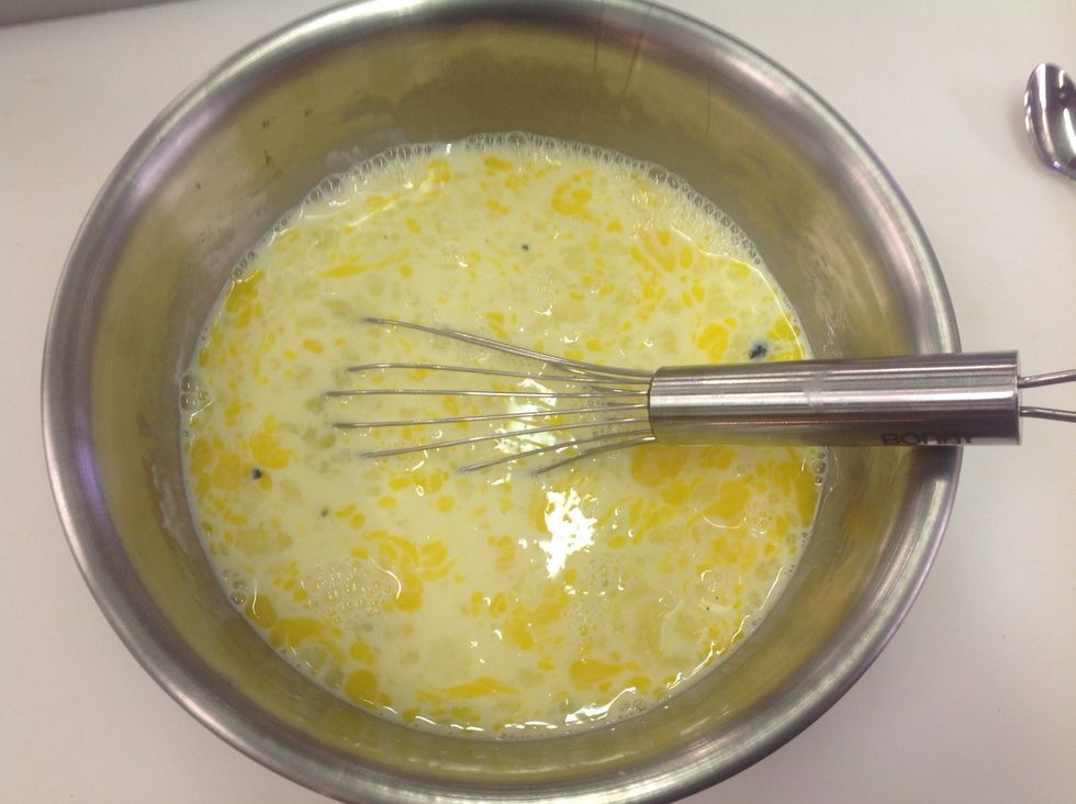 Add milk, eggs, egg yolks, and vanilla to sugar and mix well.