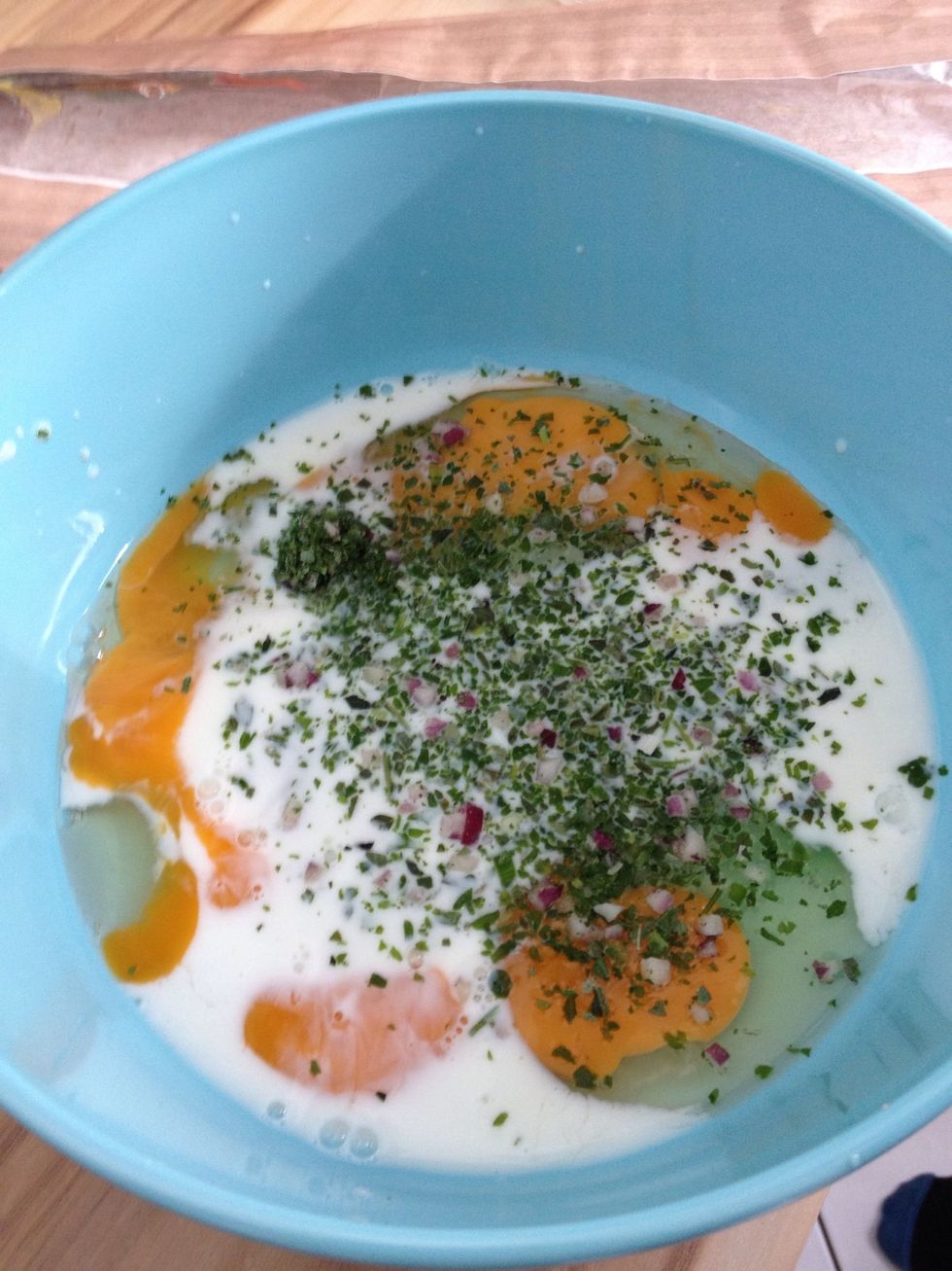 Add milk, herbs, salt and pepper.