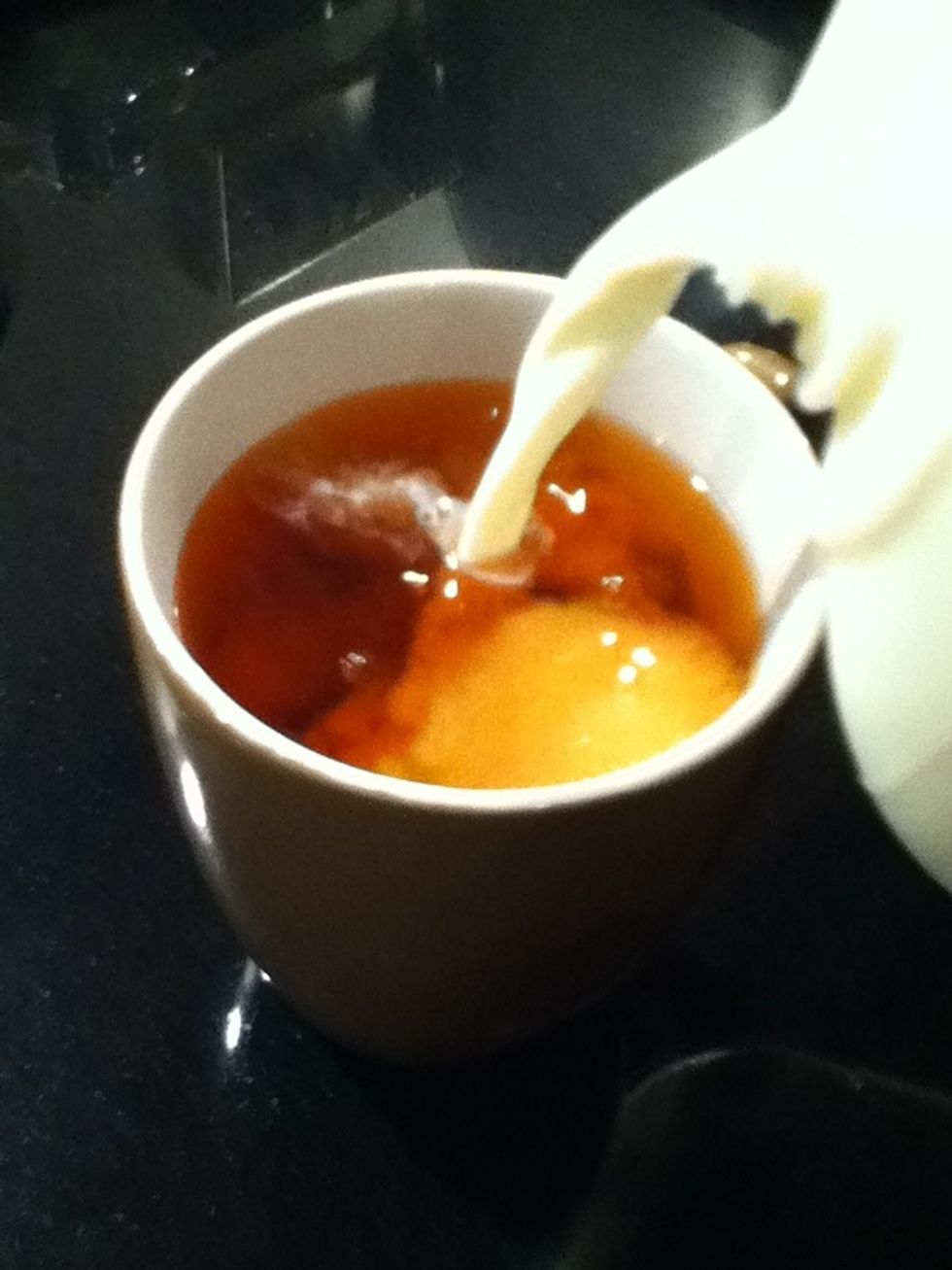 Add milk to the water to your desired amount. If you like your tea strong you don't want a lot of milk in it, where as if you like milky you do vice-versa.