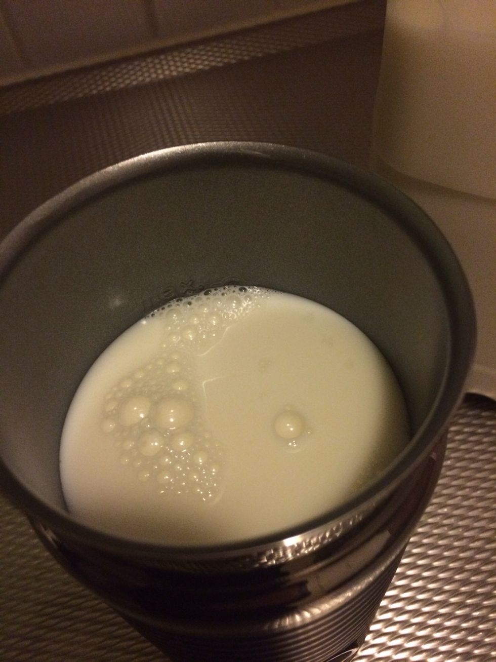 Add milk until the second (higher) mark.