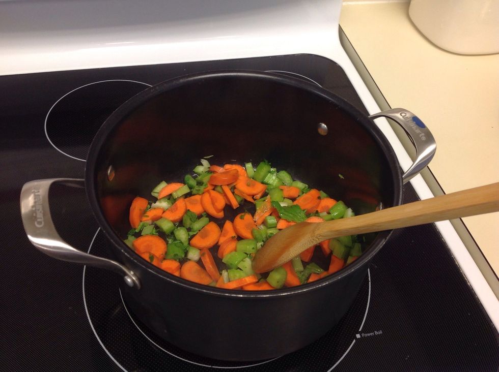 Add mirepoix to the olive oil and let it brown.