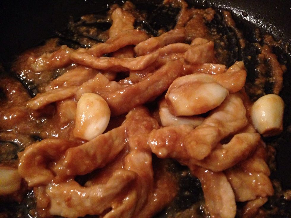 Add miso sauce mixture and stir fry with pork until the smell fills up in the air.