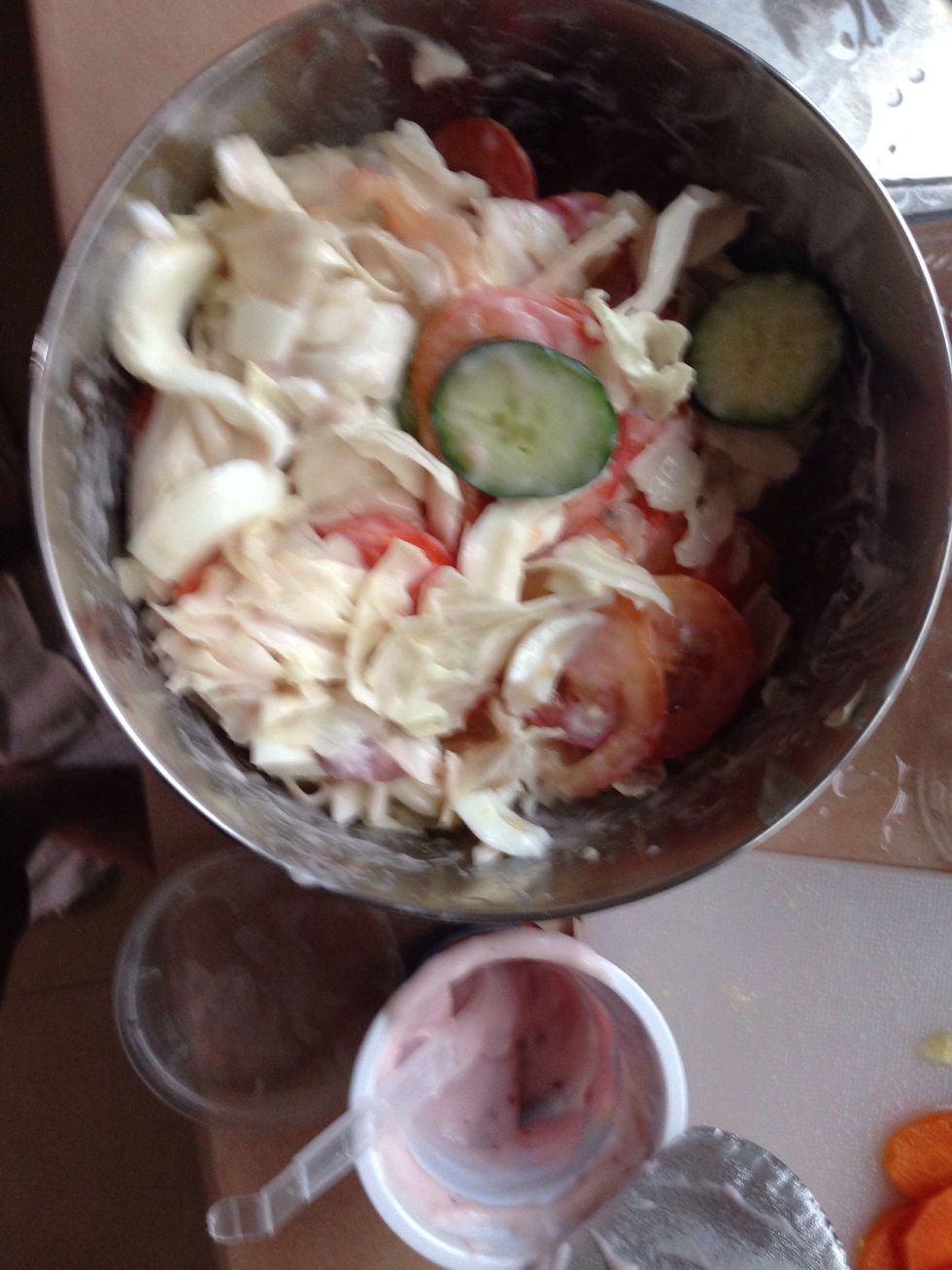 Add more cabbage and all the eggs, blend with some yogurt