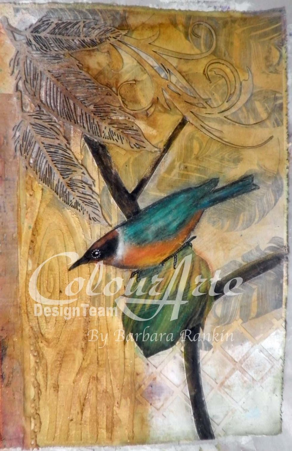 Add more details with the Gelatos until you like it. Mist top right and lower left sections with Butternut mist, then use a wet paint brush to spread the color.