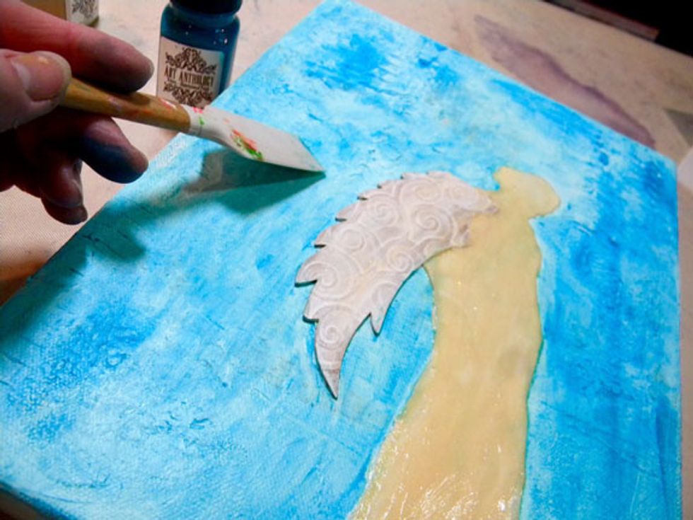 Add more Fiji to the background with the catalyst spatula, mixing in Baby Blue Eyes Sorbet to deepen the layers. I also added Dazzle Sorbet randomly which adds sheen and gold glitter.