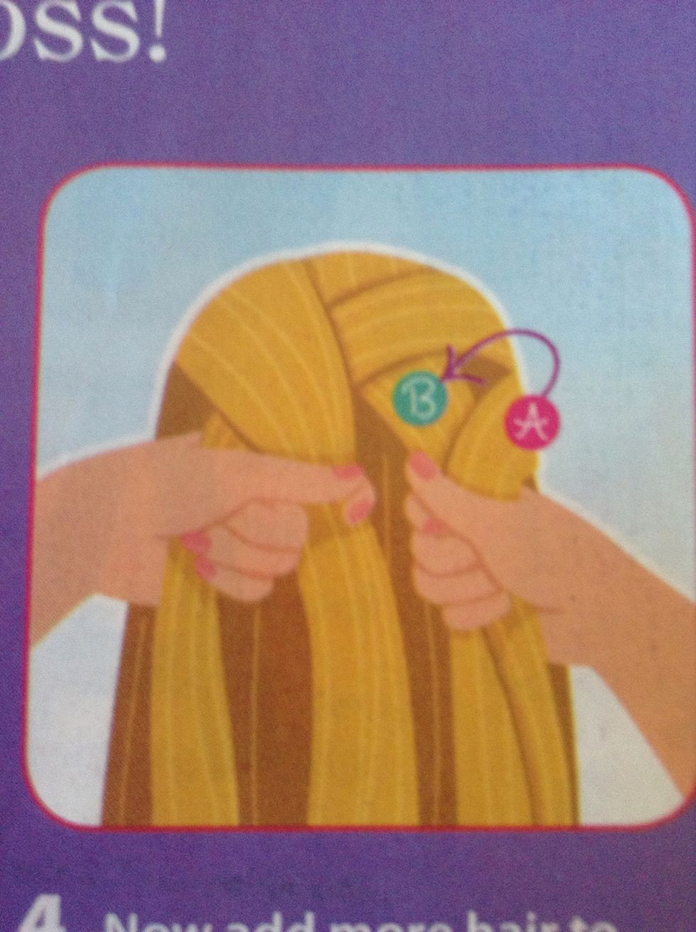 Add more hair to the right section before you keep braiding Lift a bit of hair from the hairline on the right side(A),and add it to the right section (B),then braid your right section over the middle.