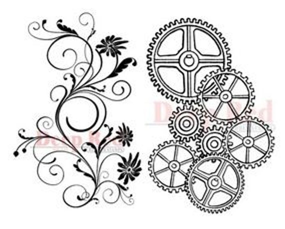 Add more layers of Deep Red Stamps - Gears and Large Flourish - around the frame in black pigment ink.