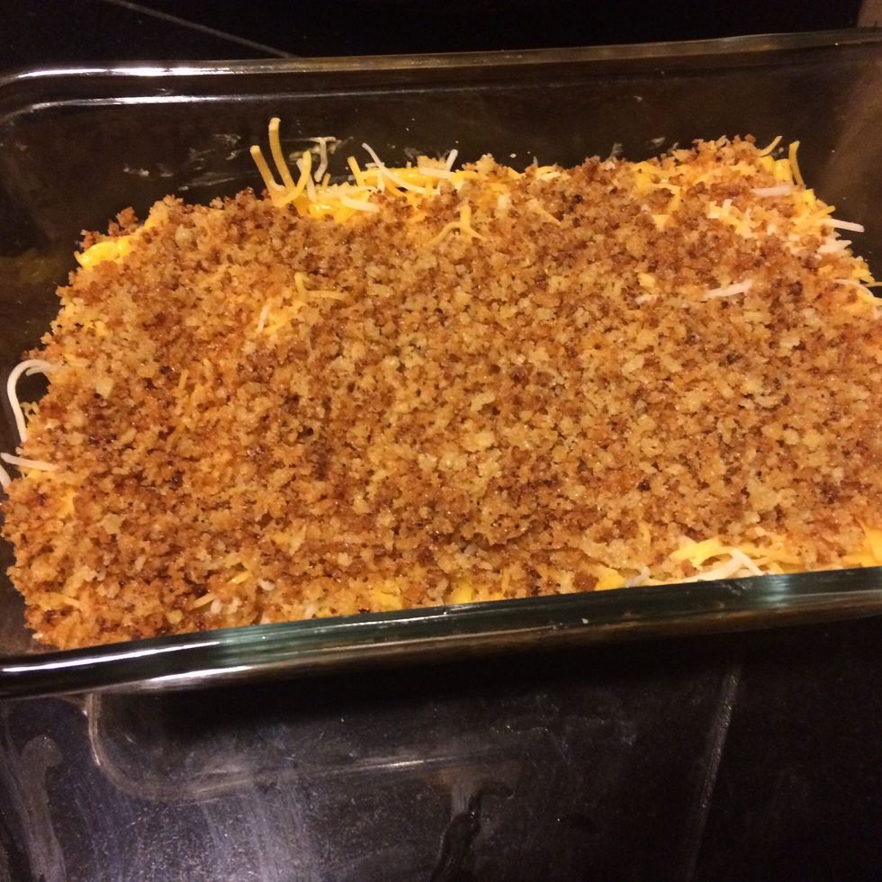 Add more of the panko. Put it in the oven for 350 degree for 12 minutes, or until the cheese under the panko melted