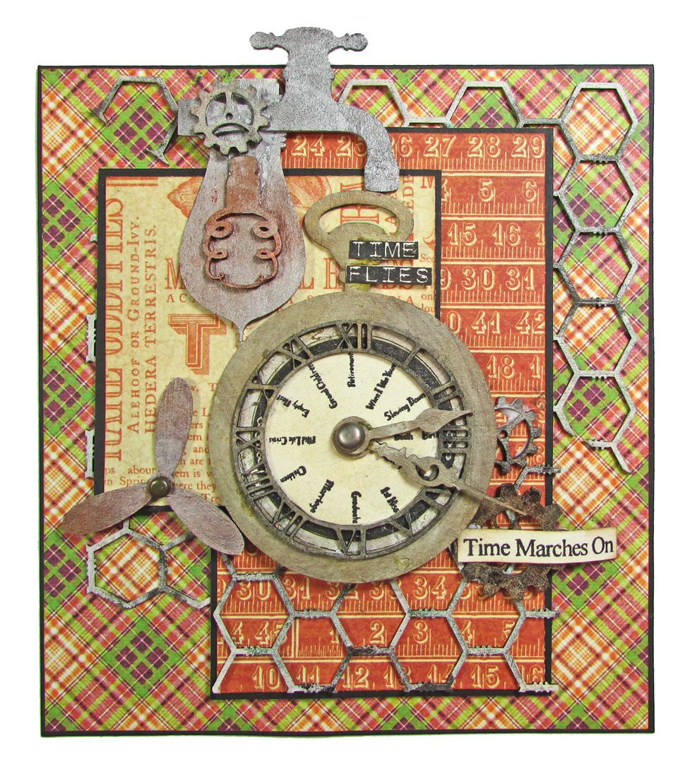 Add more steampunk embellishments to the card, around the edges of the pocket watch. Place the Time Flies and Time Marches On sentiments as shown.