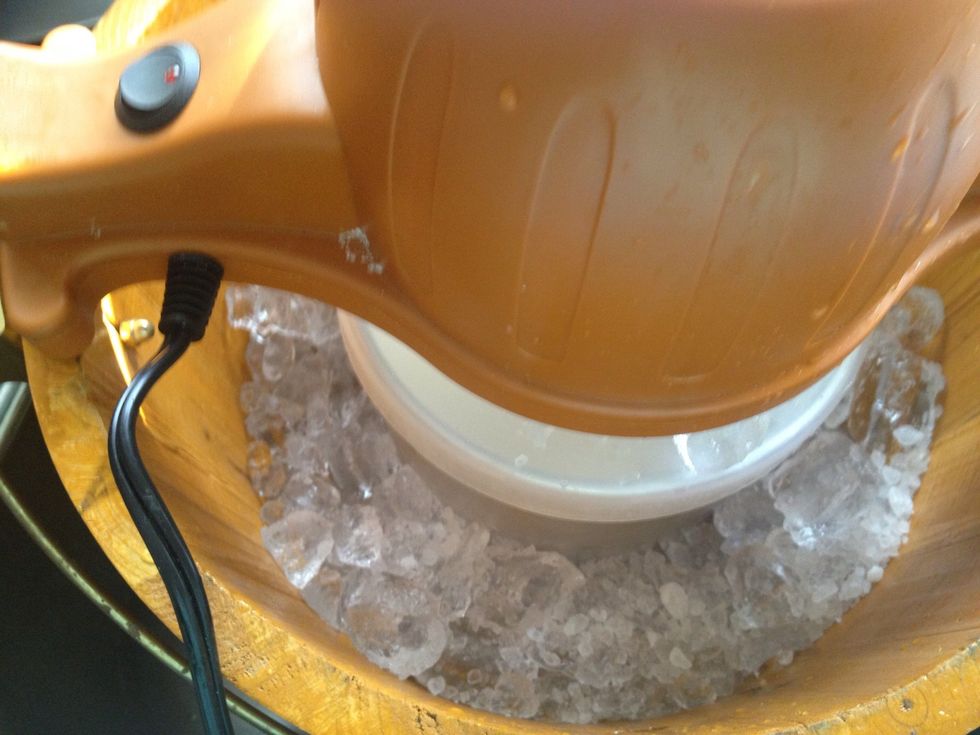 Add motor then Add layer of ice and rock salt and fill to top with more ice and top with salt or follow instructions for your machine.