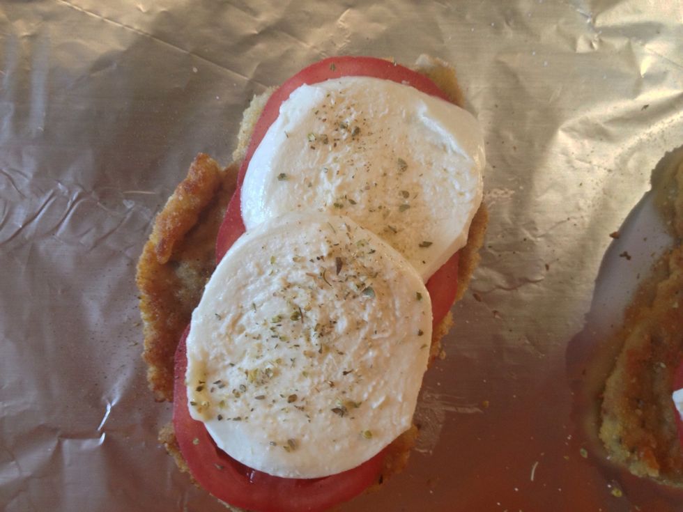 Add mozzarella two thick slices ,some oregano  and backed in the oven 220*C about 6min. - not to burn cheese