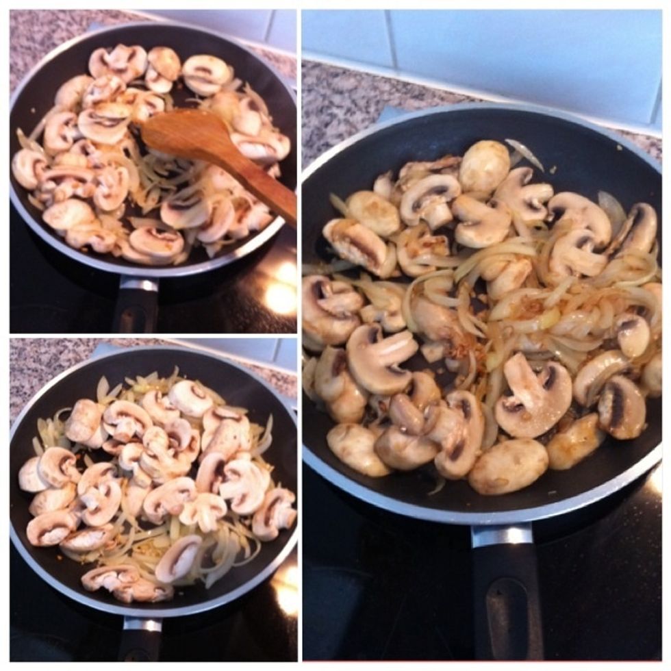 Add mushrooms and stir well until mushrooms are turning gold brown.