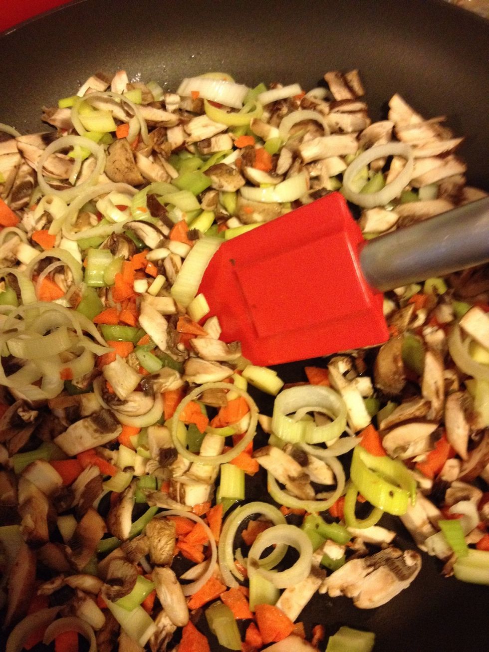 Add mushrooms, celery, and carrots, plus any other veg you'd like. Saut\u00e9 for one more minute.