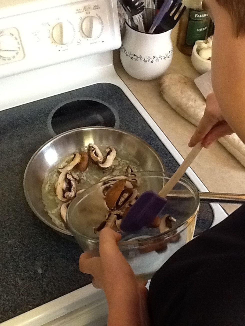 Add mushrooms. Cook mushrooms for 5 minutes stirring constantly.