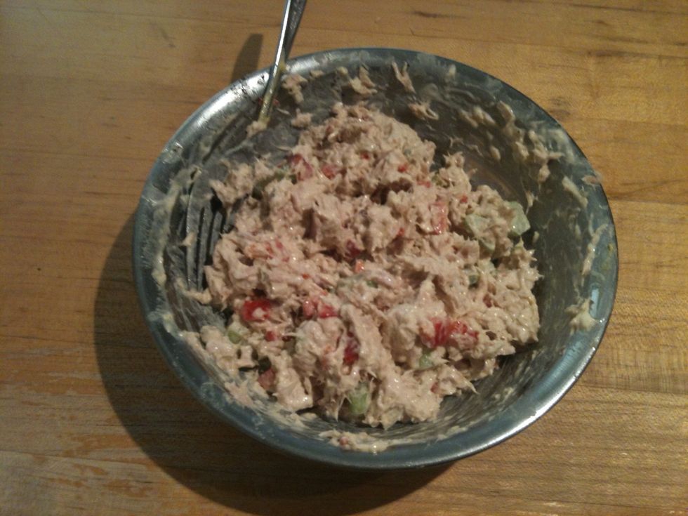 Add mustard and mayo. Stir till everything is coated. Add salt and pepper to taste. I didn't add any salt, thought there was enough in the tuna.