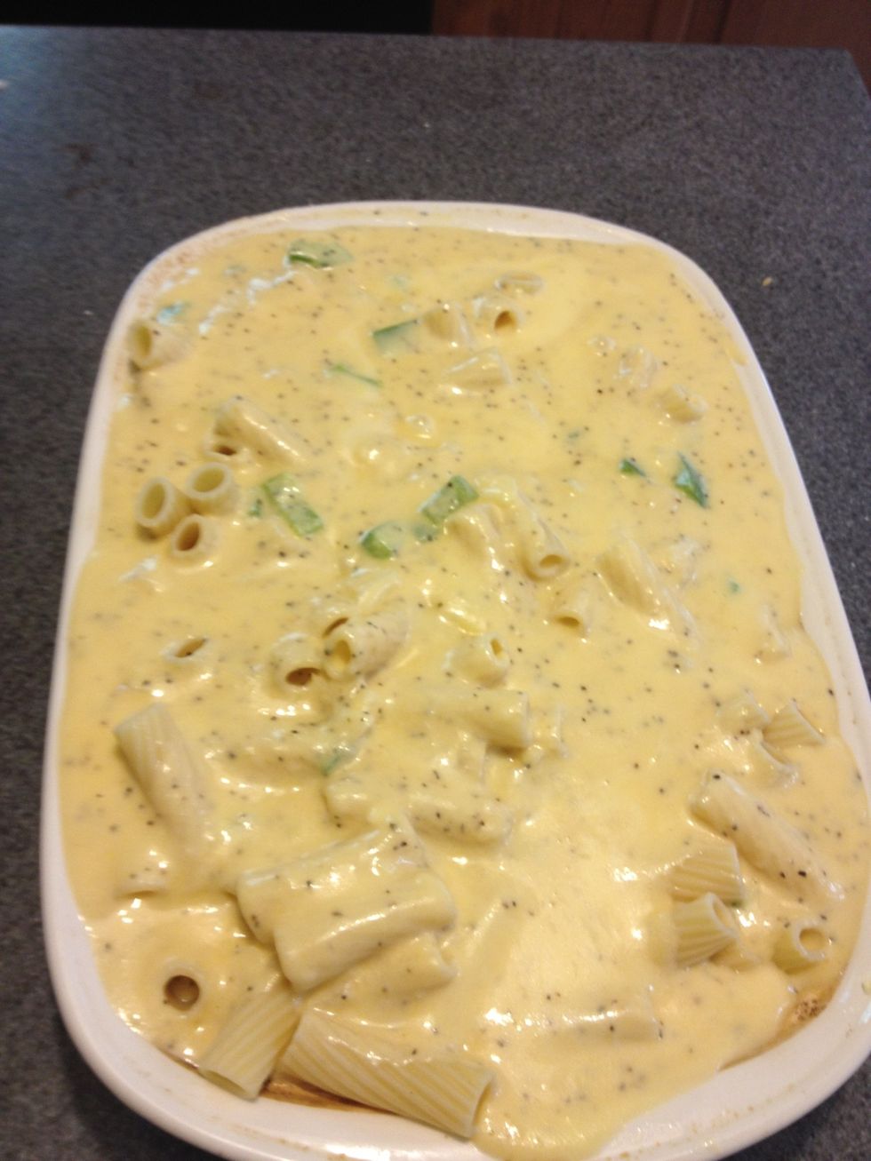 Add noodles and pour over the cheese sauce