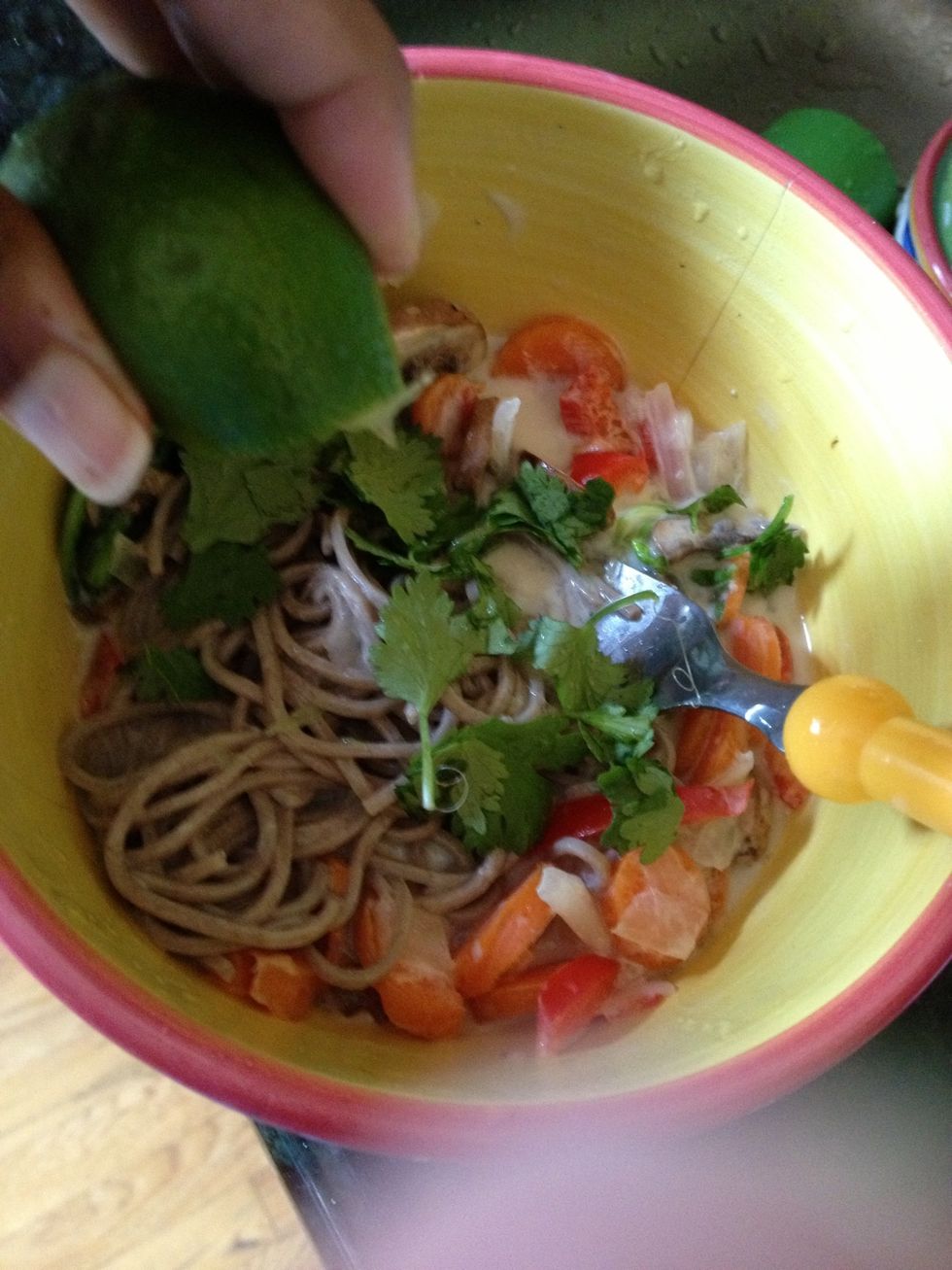 Add noodles to bowl. Ladle veggies and broth. Top with snipped cilantro and a squeeze of lime.