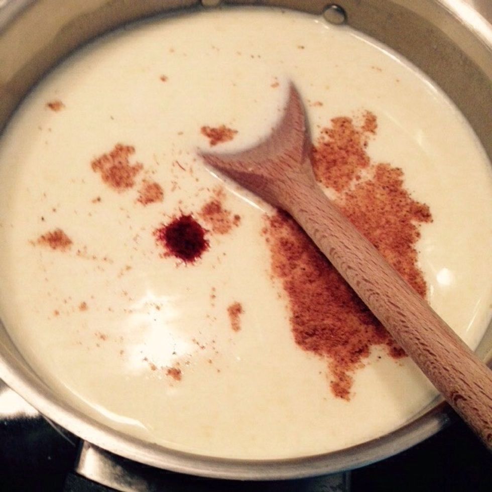 Add nutmeg and saffron