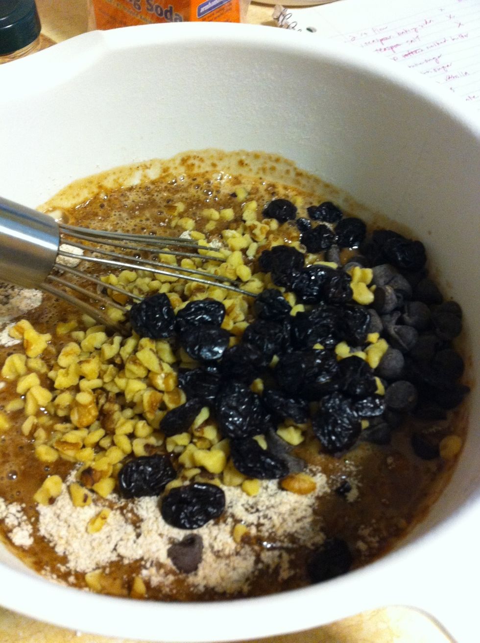 Add nuts, chips, and cherries. Add as much as you like. I didn't have many cherries or chips :(