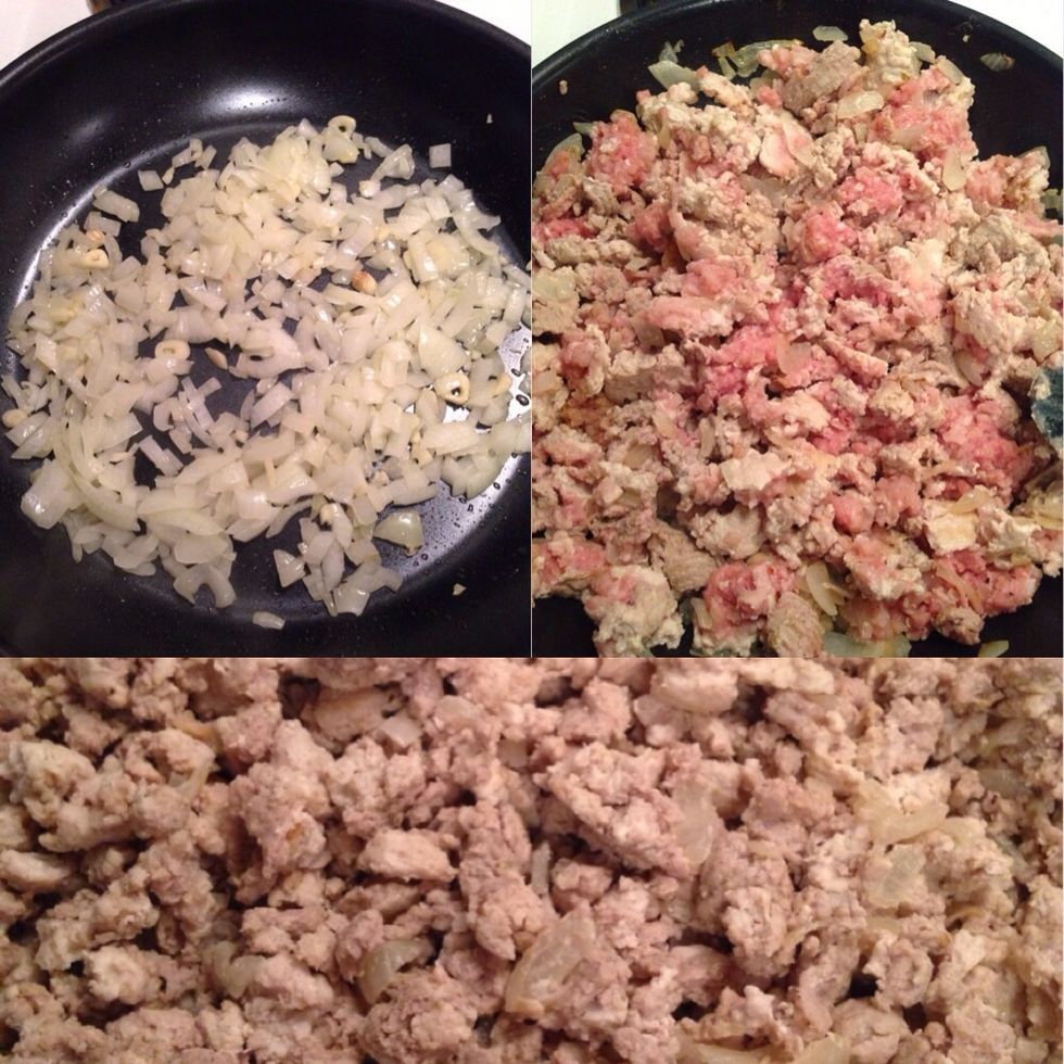 Add olive oil to a pan. Once heated add the onion & garlic. Cook for about 5 minutes then add the ground turkey. Season w/sea salt, black pepper, & cumin. Mix & cook until brown.