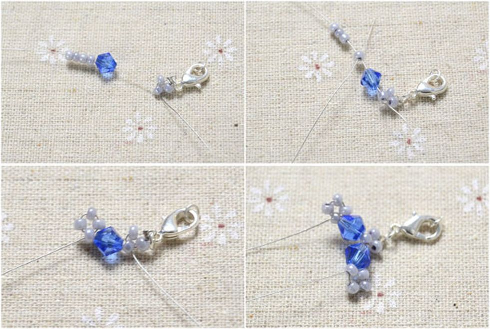 Add one 6mm bicone glass bead and four 3mm seed bead. Then, bring the wire back through the first seed bead to make a seed bead loop.