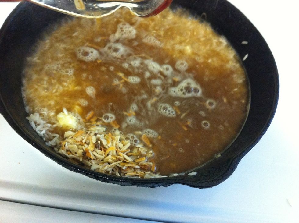 Add one bag of Lipton Onion Seasoning to 1 1/2 cup of water. Pour mixture over rice and bring to a boil.