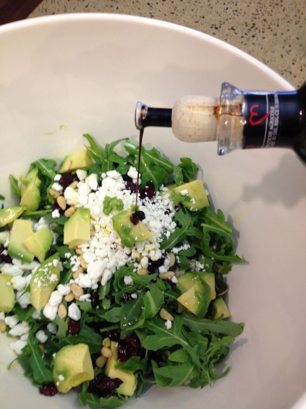 Add one part balsamic (you could mix the salt , 3tbs of olive oil and 1tbsp of balsamic all together then pour over salad if you don't like the eyeball it method)