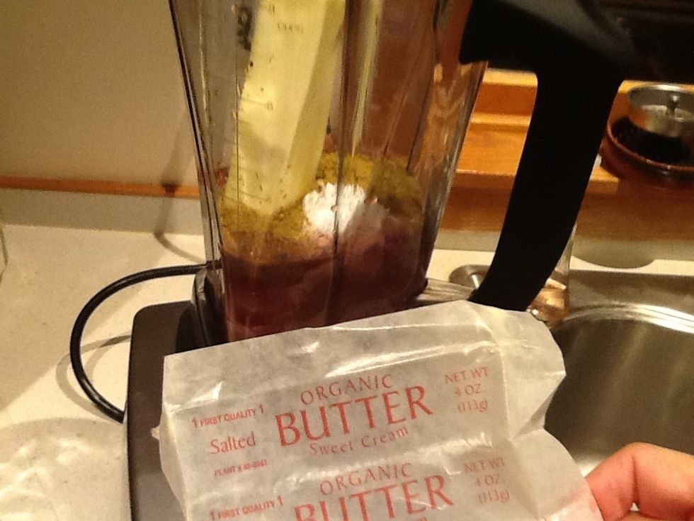 Add one stick butter, mix until smooth. Pour into bowl.