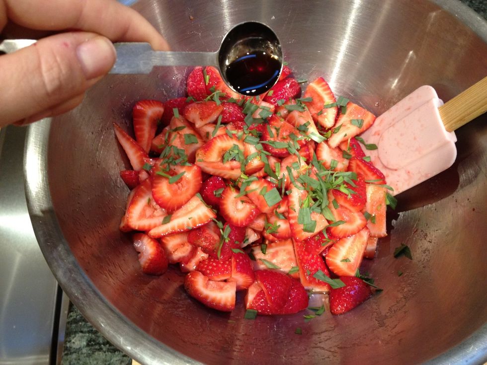 Add one teaspoon of balsamic vinegar. Gently stir. Cover the bowl, and place in the fridge for 1 to 3 hours. Remove and bring to room temperature before serving.