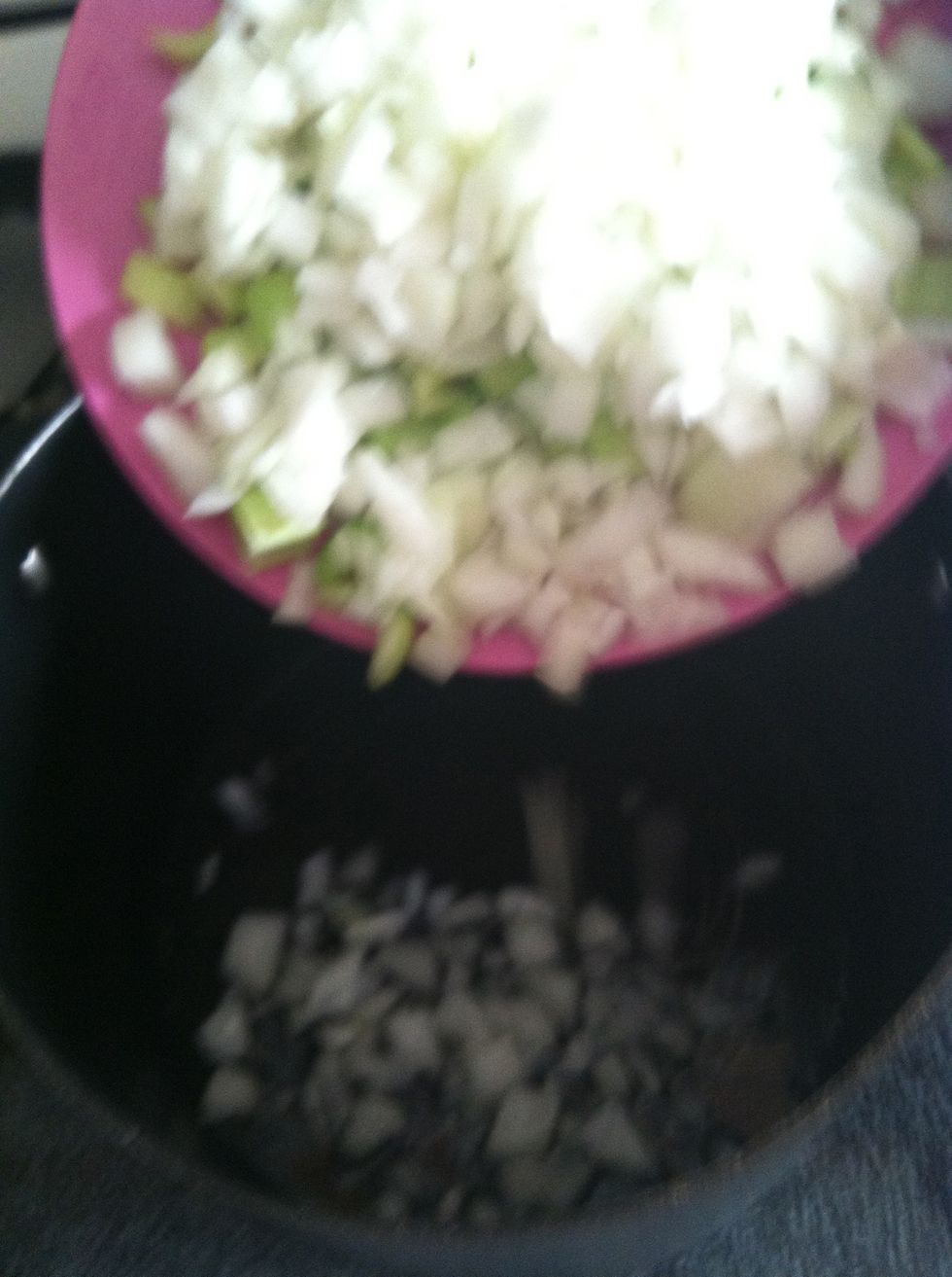 Add onion and celery to hot pot. Add some salt & pepper to sweat the onions.