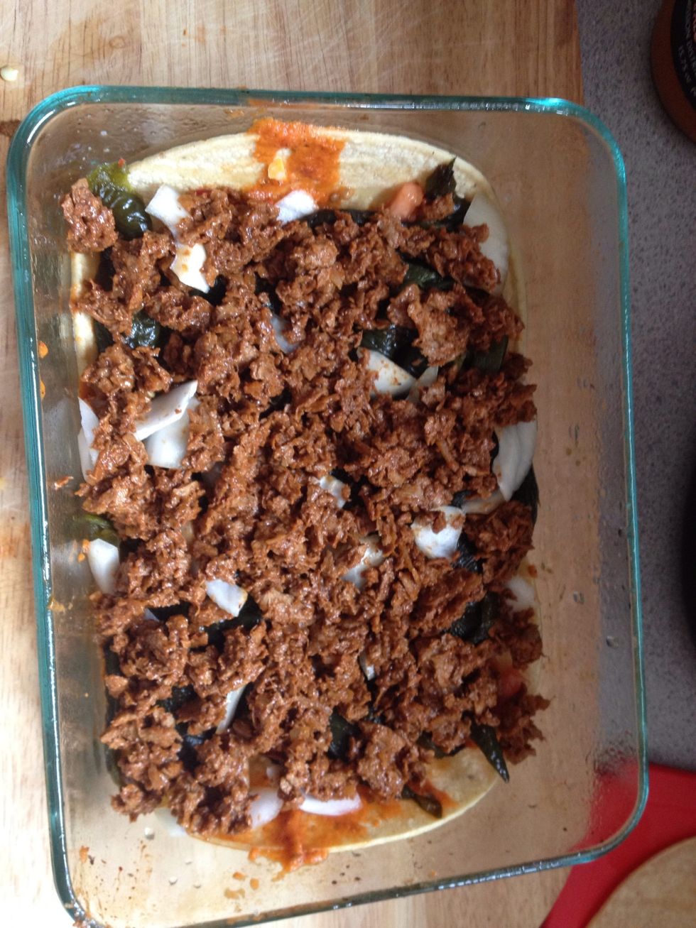 Add onion and meat. You can use pretty much any cooked meat, I used taco seasoned soy crumble.