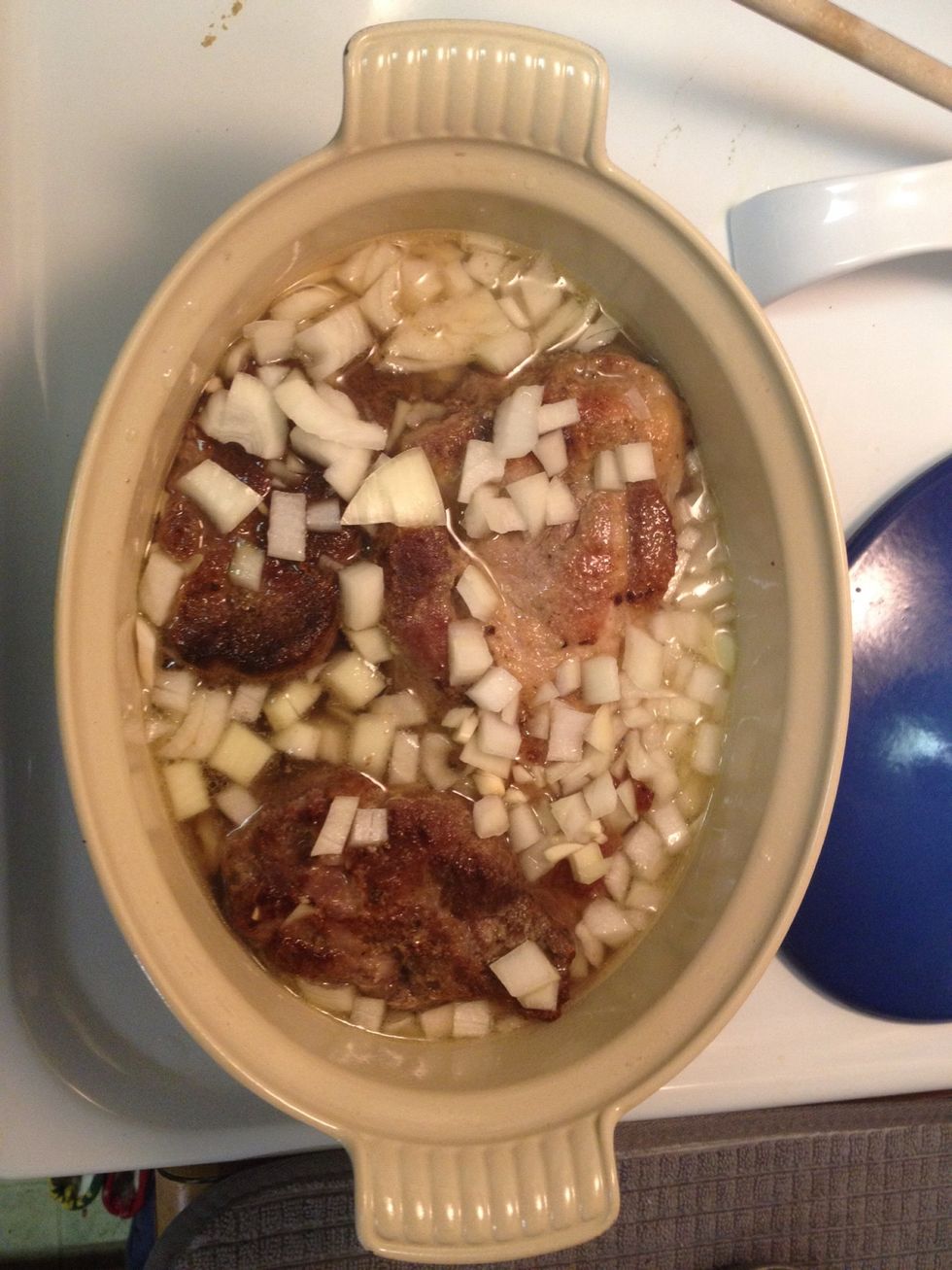 Add onion, garlic, 3 cups of chicken stock and the Worcestershire sauce to pot. Bring to boil then reduce heat to simmer (number 2 or 3). Cover & cook for two hours, turning meat after the first hour.