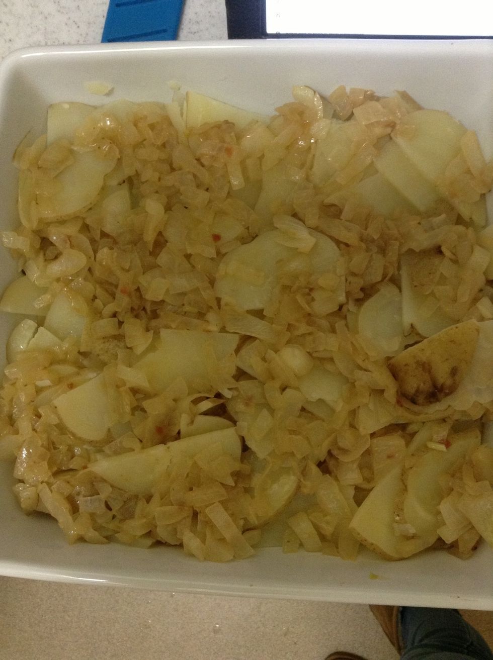 Add onion mix to potatoes