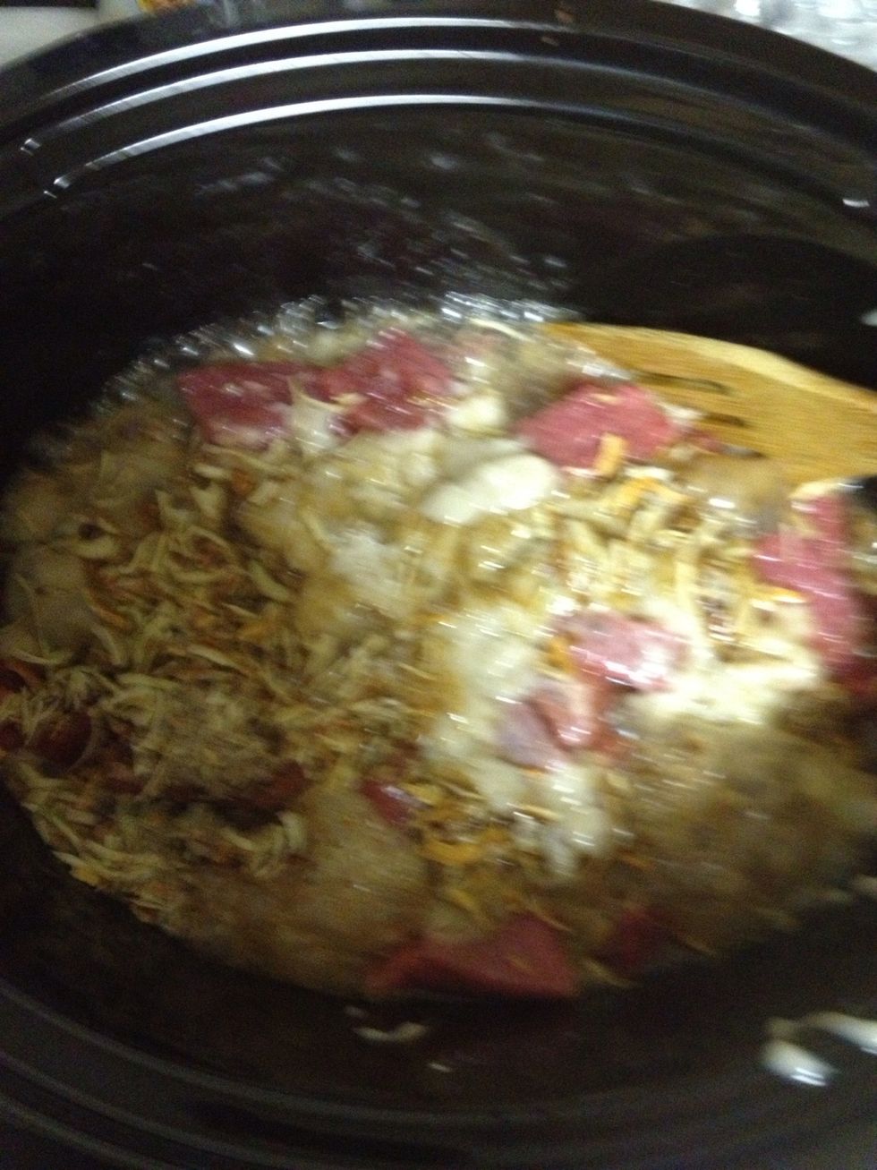 Add onion soup mix and 7 up.