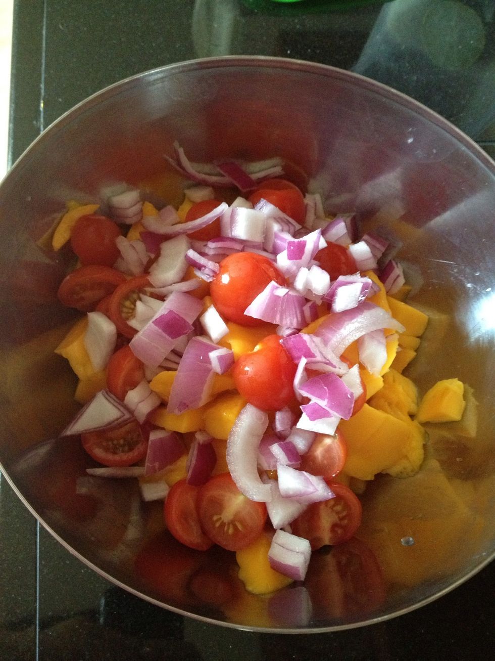 Add onion, tomatoes, mango and cilantro and toss well. Mint is optional.