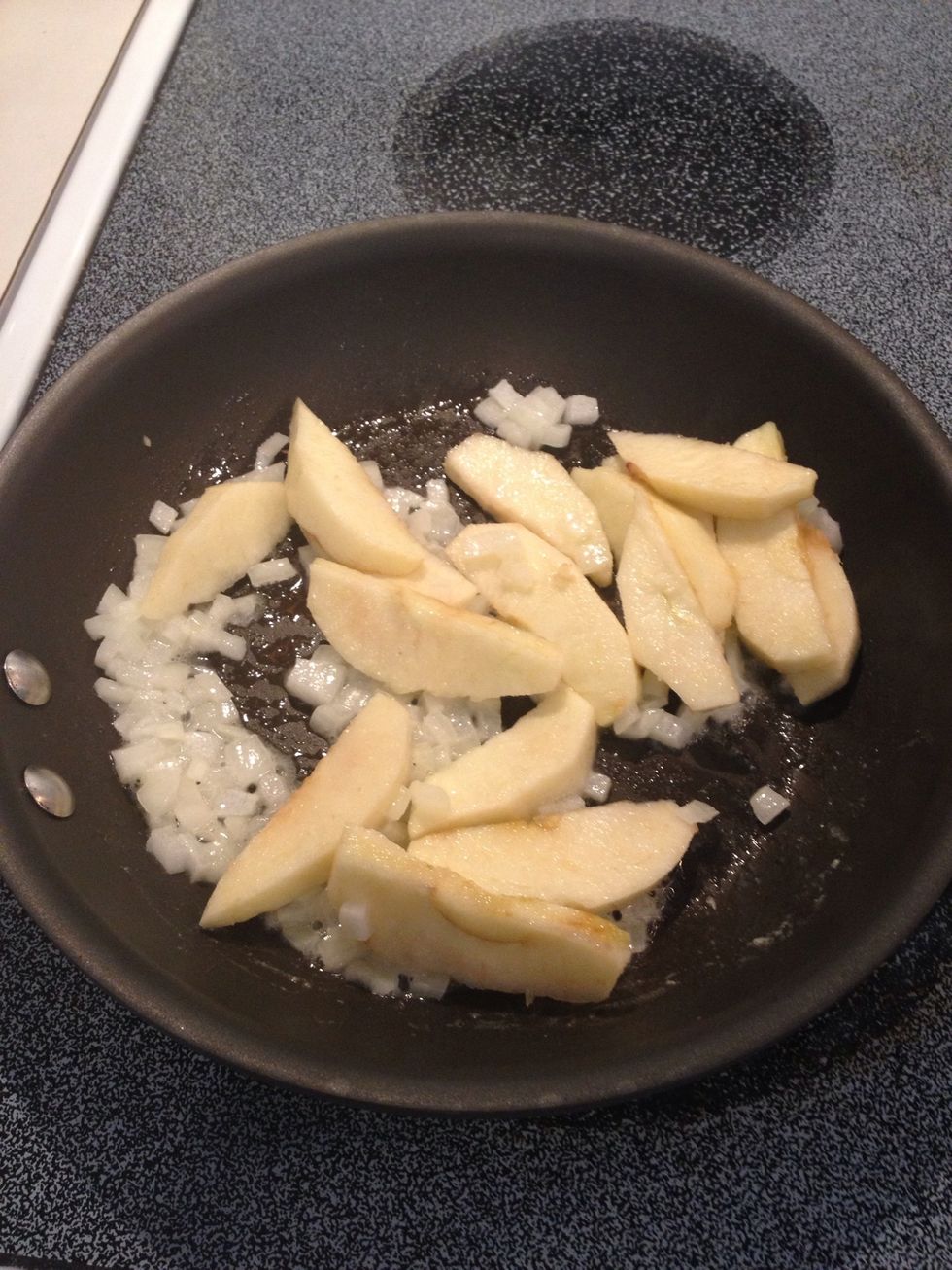 Add onions and apples and cook over medium low heat about 5 min, until soft.