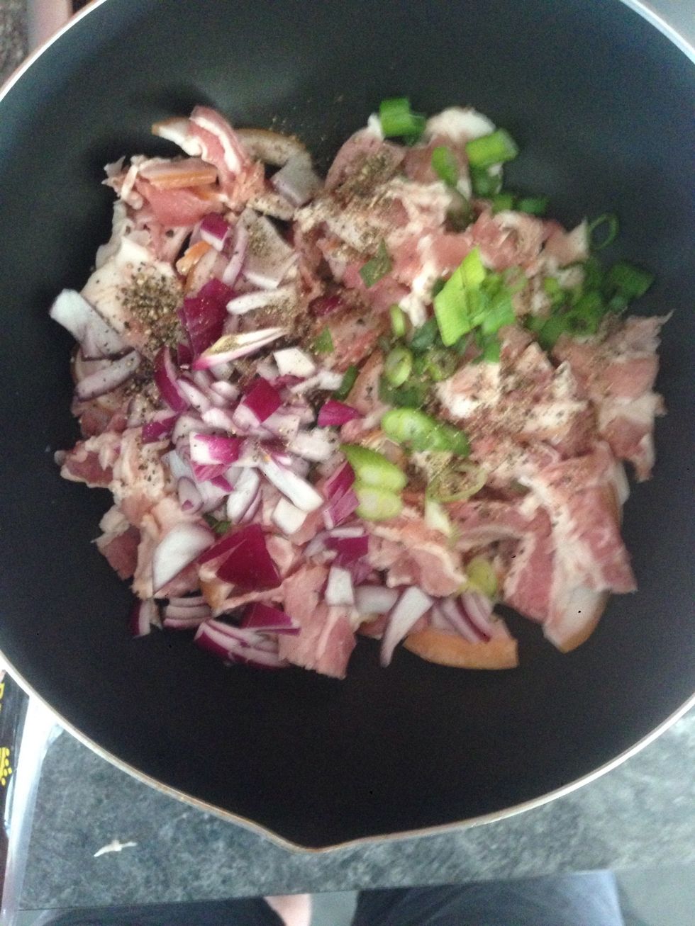 Add onions and pepper to taste. I found spring onion in the fridge so threw it in too