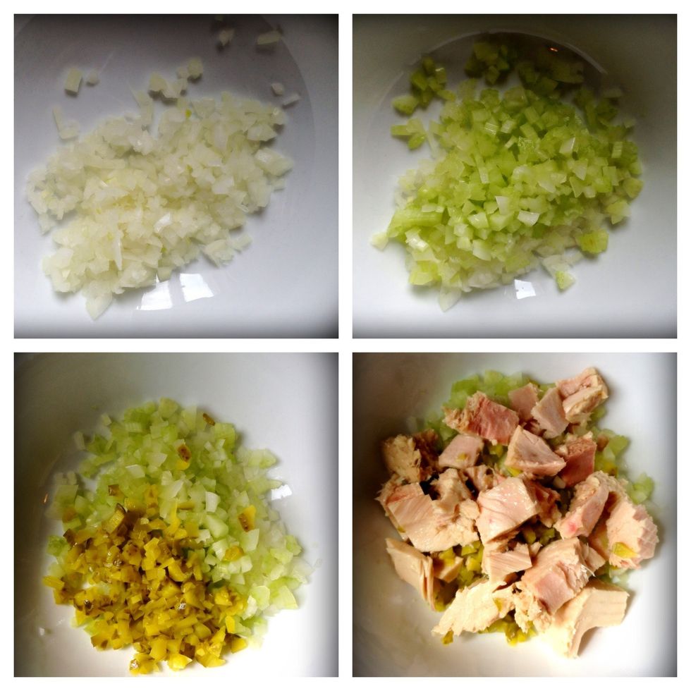 Add onions, celery, pickles, and albacore to a small bowl.