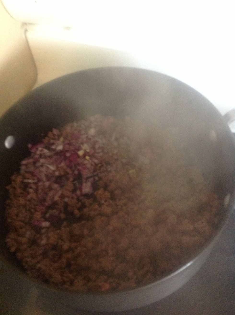 Add onions to meat and add some salt and pepper