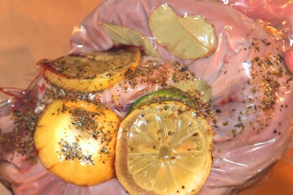 Add orange and lime slices,thyme and bay leaves. seal under pressure