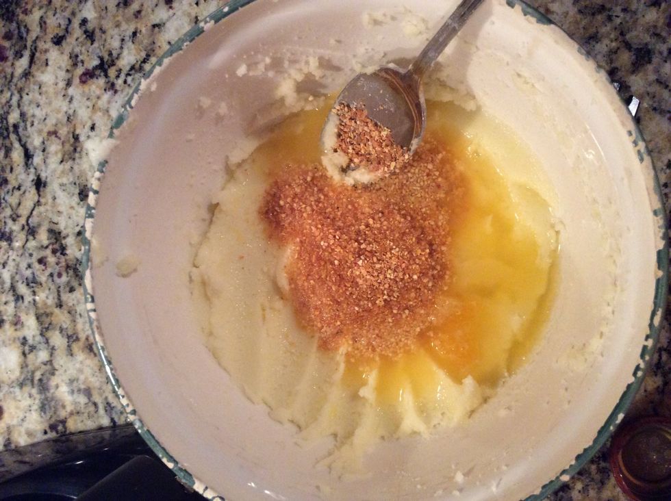 Add orange juice, orange zest, and the eggs and mix well.