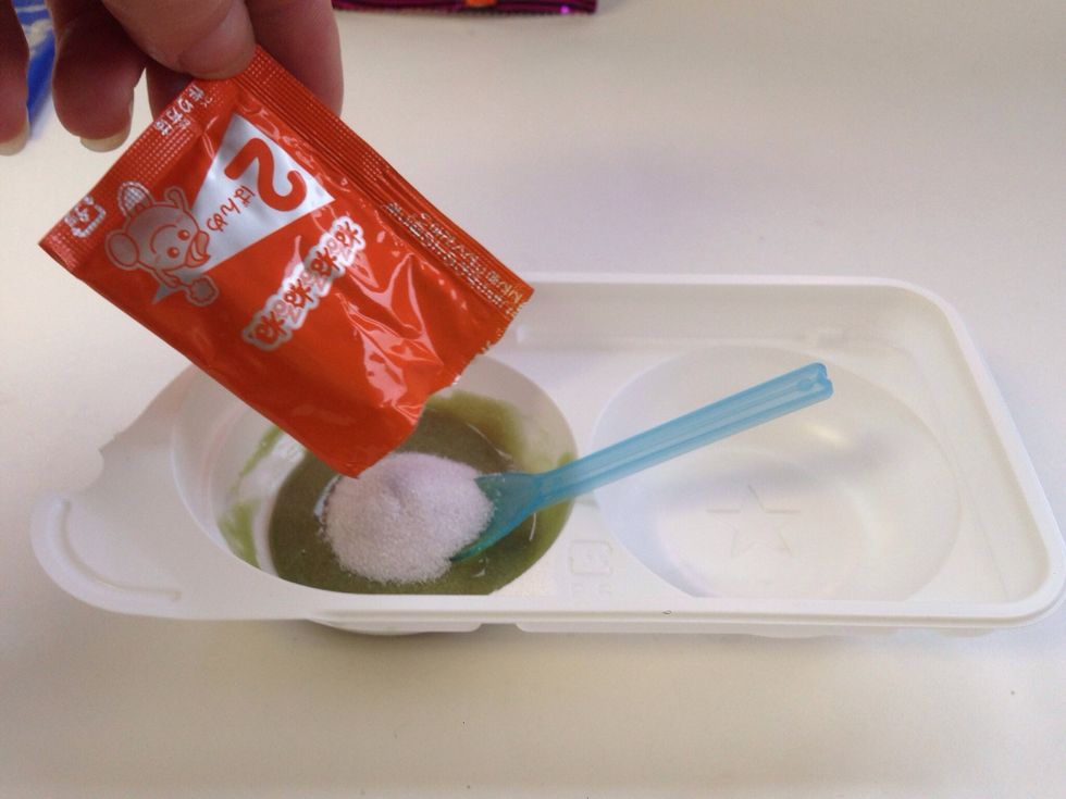 Add Orange Packet #2 to Green Mix-This is the Color Changing Step and Mix in-Woohoo, Magic!! Green turns Orange!!!