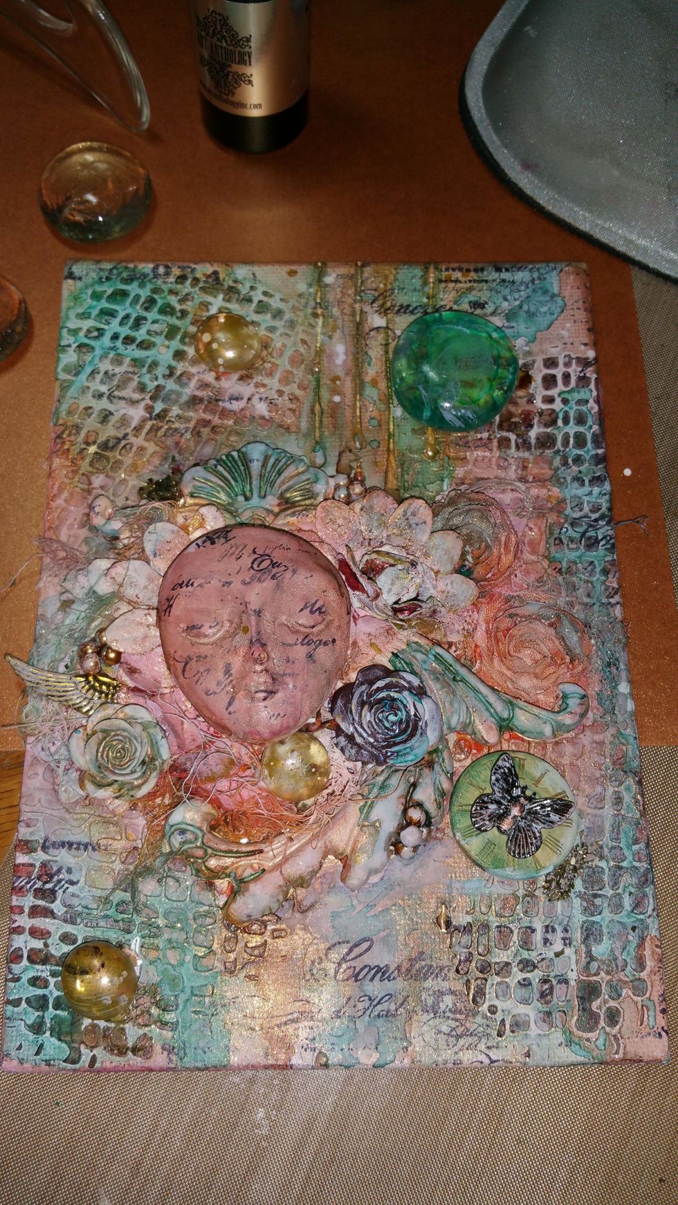 Add other textural elements such as melange stones, glass glitter and/or beads. Here i began to add the AA Teal colors of Peacock and Siesta Key. again allow drying time of at least a few hours.